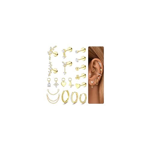 Adramata Helix Piercings Chirurgenstahl Ohrringe für Damen Hypoallergenes Ohr Piercings Klein Creolen mit CZ Charms Knorpel Ohrringe Piercing Set Conch Helix Tragus Piercing Ohr Gold/Silber 20G von Adramata