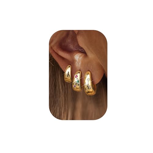 Adramata 3 Paare Ohrringe Creolen Gold 14K Vergoldete Ohrringe Set Hypoallergen Klein Creolen Chunky Ohrringe Creolen Silber Statement Ohrringe Damen CZ Ohrringe Gold Creolen Schmuck von Adramata