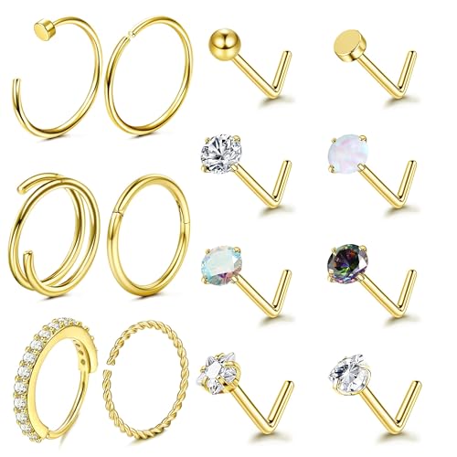 Adramata 20G Nasenpiercing Stecker 14 Karat Gold Piercing Nase Chirurgenstahl Nasenring L-förmiger Nasenstecker Nostril Piercing für Damen Herren CZ Hypoallergene Nasenpiercing Schmuck (14 Stück),GB von Adramata