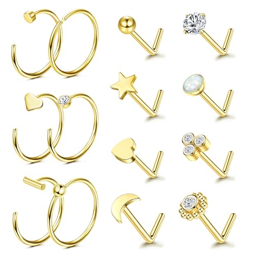 Adramata 20G Nasenpiercing Stecker 14 Karat Gold Piercing Nase Chirurgenstahl Nasenring L-förmiger Nasenstecker Nostril Piercing für Damen Herren CZ Hypoallergene Nasenpiercing Schmuck (14 Stück),GC von Adramata