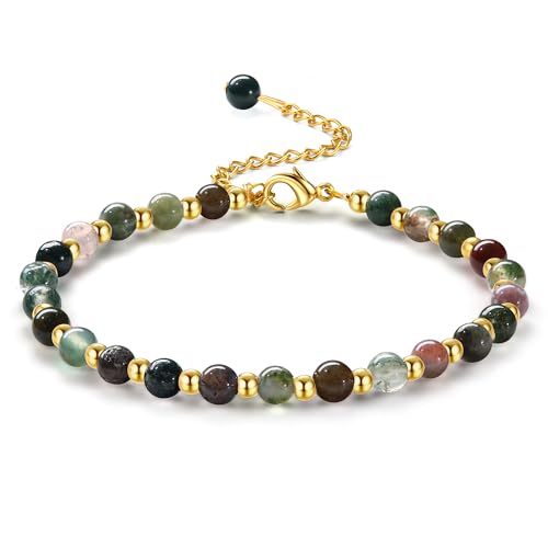 Adramata Perlen Armband für Damen 5MM Naturstein Armbänder 3MM Edelstahl Perlenarmbänder Verstellbare Vergoldete Armband Edelsteine Boho Armband Perlenarmband Damen Schmuck mit Geschenkbox von Adramata