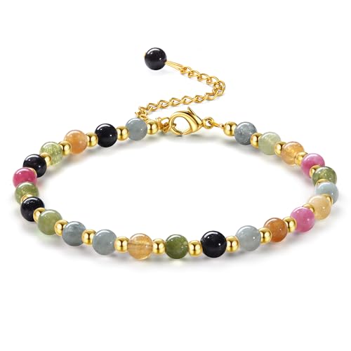 Adramata Perlen Armband für Damen 5MM Naturstein Armbänder 3MM Edelstahl Perlenarmbänder Verstellbare Vergoldete Armband Edelsteine Boho Armband Perlenarmband Damen Schmuck mit Geschenkbox von Adramata