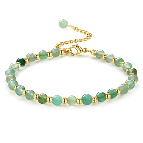 Adramata Perlen Armband für Damen 5MM Naturstein Armbänder 3MM Edelstahl Perlenarmbänder Verstellbare Vergoldete Armband Edelsteine Boho Armband Perlenarmband Damen Schmuck mit Geschenkbox von Adramata