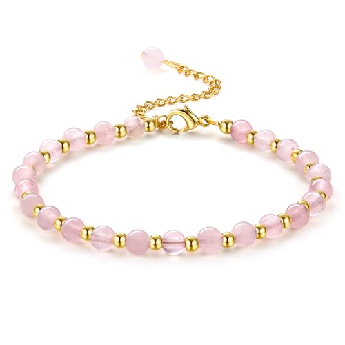 Adramata Perlen Armband für Damen 5MM Naturstein Armbänder 3MM Edelstahl Perlenarmbänder Verstellbare Vergoldete Armband Edelsteine Boho Armband Perlenarmband Damen Schmuck mit Geschenkbox von Adramata