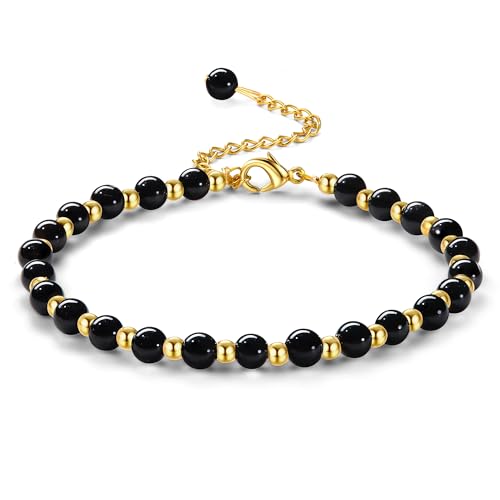 Adramata Perlen Armband für Damen 5MM Naturstein Armbänder 3MM Edelstahl Perlenarmbänder Verstellbare Vergoldete Armband Edelsteine Boho Armband Perlenarmband Damen Schmuck mit Geschenkbox von Adramata