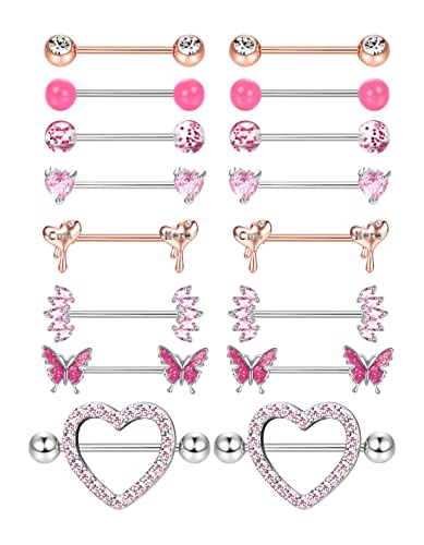 Adramata 8 Paar 14G Nippelpiercing Chirurgenstahl Brustwarzenpiercing Set CZ Schmetterling Nippel Piercing Set Kugel Herz Zungenstangen Nippelpiercing Körper Piercing Schmuck Damen von Adramata