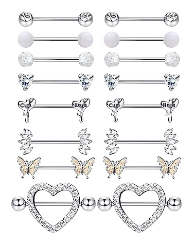 Adramata 8 Paar 14G Nippelpiercing Chirurgenstahl Brustwarzenpiercing Set CZ Schmetterling Nippel Piercing Set Kugel Herz Zungenstangen Nippelpiercing Körper Piercing Schmuck Damen von Adramata