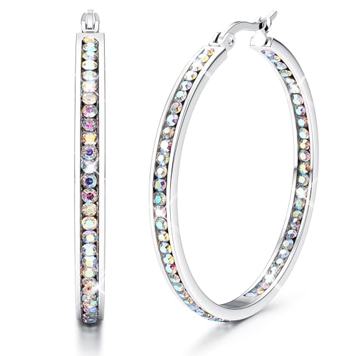 Adramata Ohrringe Creolen Edelstahl Damen Hypoallergen Kreolen mit AAA Zirkonia Ohrringe Hängend 40mm/50mm/60mm Earrings For Women Creolen Silber/Gold/Rosegold von Adramata