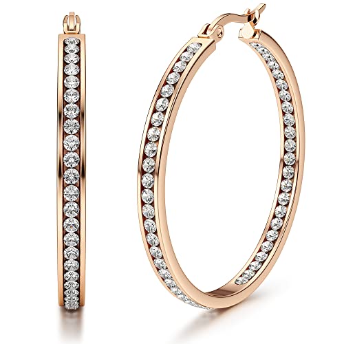 Adramata Ohrringe Creolen Edelstahl Damen Mädchen Hypoallergen Creolen mit Steinen Cubic Zirkonia Große Creolen Geschenke für Frauen Damen Creolen Rosegold Groß 50mm von Adramata