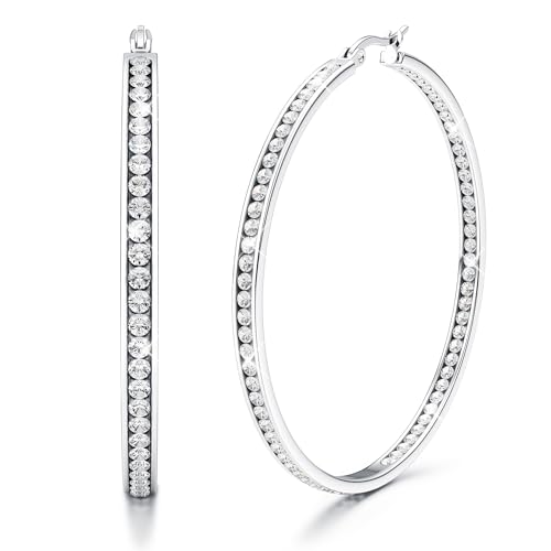 Adramata Ohrringe Creolen Edelstahl Damen Mädchen Hypoallergen Creolen mit Steinen Cubic Zirkonia Große Creolen Geschenke für Frauen Damen Creolen Silber Groß 50mm von Adramata