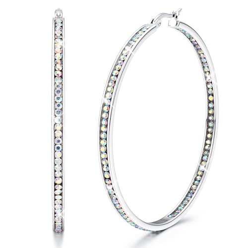 Adramata Ohrringe Creolen Edelstahl Damen Hypoallergen Kreolen mit AAA Zirkonia Ohrringe Hängend 40mm/50mm/60mm Earrings For Women Creolen Silber/Gold/Rosegold von Adramata