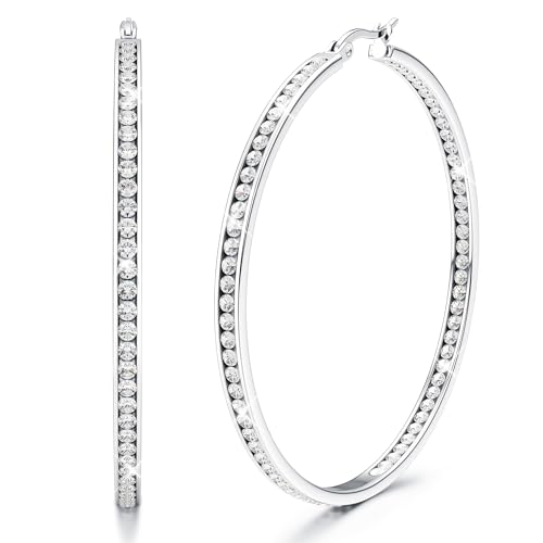 Adramata Ohrringe Creolen Edelstahl Damen Hypoallergen Kreolen mit AAA Zirkonia Ohrringe Hängend 40mm/50mm/60mm Earrings For Women Creolen Silber/Gold/Rosegold von Adramata