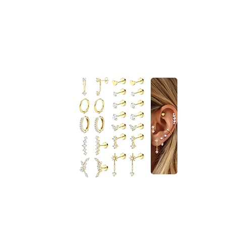 Adramata 12 Paar Ohrringe Gold Set Hypoallergen Chirurgenstahl Ohrringe für Damen Klein Ohrring Creolen Flatback Medizinische Ohrstecker Set Gold Silber Knorpel Conch Tragus Helix Piercing von Adramata