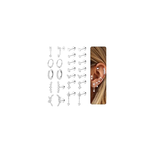 Adramata 12 Paar Ohrringe Gold Set Hypoallergen Chirurgenstahl Ohrringe für Damen Klein Ohrring Creolen Flatback Medizinische Ohrstecker Set Gold Silber Knorpel Conch Tragus Helix Piercing von Adramata