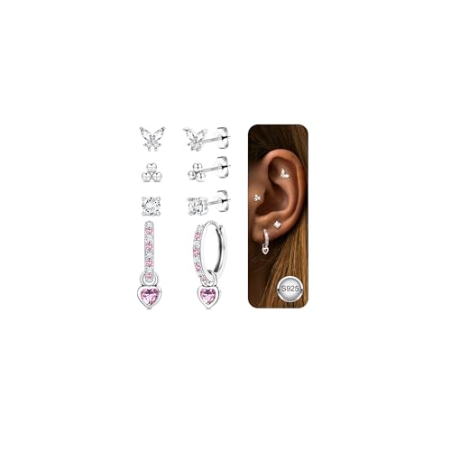 Adramata Ohrringe Silber 925 Damen 16K Vergoldete Ohrringe Set Blume Schmetterling Ohrstecker Silber 925 Herz Ohrringe Hängend Hypoallergene Ohrringe Creolen Silber/Gold Ohrringe für Damen Mädchen von Adramata