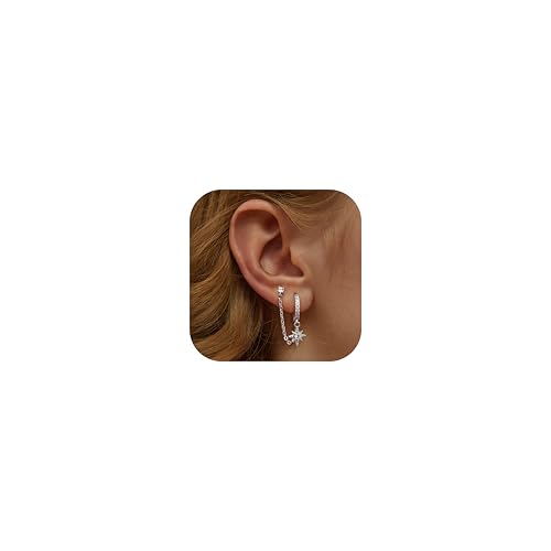 Adramata Ohrringe Silber 925 für Damen Mädchen 14K Vergoldet Doppel Piercing Ohrstecker Creolen mit Kette, Hypoallergen Zirkonia Ohrring Silber Hängend für Mehrere Ohrlöcher (2 Stück) von Adramata