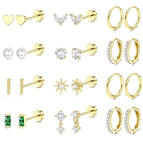 Adramata 12 Paar Ohrringe Damen Gold/Silber Medizinische Ohrstecker Creolen Klein Ohrstecker Chirurgenstahl Ohrring Set Damenohrringe Piercing Ohr Tragus Piercing Helix Piercings Ohrringe Gold Silber von Adramata