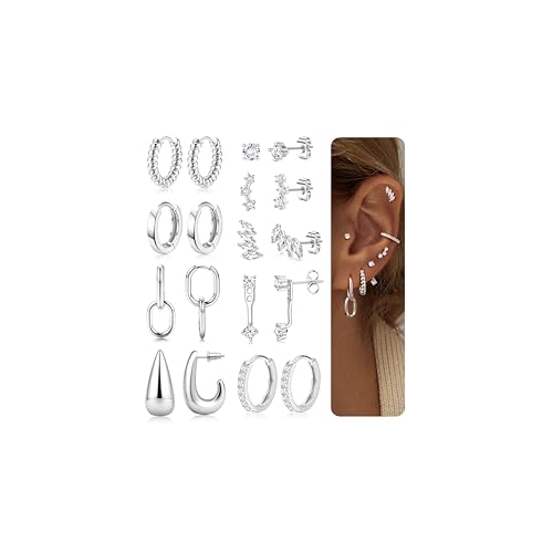 Adramata 9 Paar Ohrringe für Damen 14K Vergoldete Ohrringe Creolen Silber Gold Ohrringe Hängend Hypoallergen Ohrstecker Ohrringe Set Damenohrringe Klein Creolen Gold Helix Piercings Gold Silber von Adramata