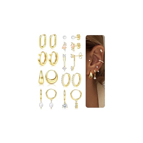 Adramata 9 Paar Ohrringe für Damen - 14K Vergoldete Ohrringe - Creolen, Silber & Gold - Hypoallergen - Ohrstecker, Hängend, Helix Piercings - Damenohrringe Set von Adramata