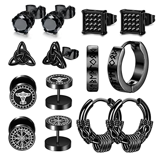 Adramata Ohrstecker Herren, Edelstahl Wikinger Ohrringe, Fake Plugs Ohrstecker, Nordischer Wikinger Hoop Ohrring Herren, Klassische Schwarze Ohrstecker, 7Paar von Adramata