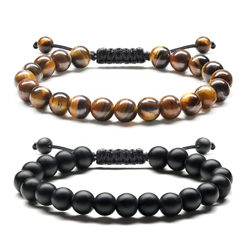 Adramata Armband Herren 8MM Perlenarmband Lavastein Tigerauge Armband Verstellbares Geflochten Armband Set Schwarz Naturstein Perlen Armbänder für Herren Schmuck Herren Geschenk für Männer von Adramata