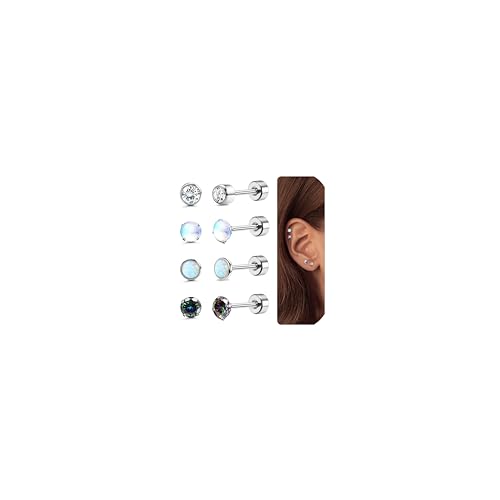 Adramata Titan Ohrstecker für Empfindliche Ohren, Mondstein Opal Kleine Ohrstecker Set für Damen Mädchen Kinder, Hypoallergenic Ohrringe 4mm von Adramata