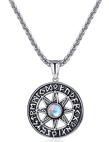 Adramata Wikinger Herren Halsketten Edelstahl Kette Nordische Vegvisir Halskette Wolf Fenrir Baum des Lebens Halskette Mondstein Anhänger Halskette Wikinger Geschenke Wikinger Schmuck Herren Damen von Adramata