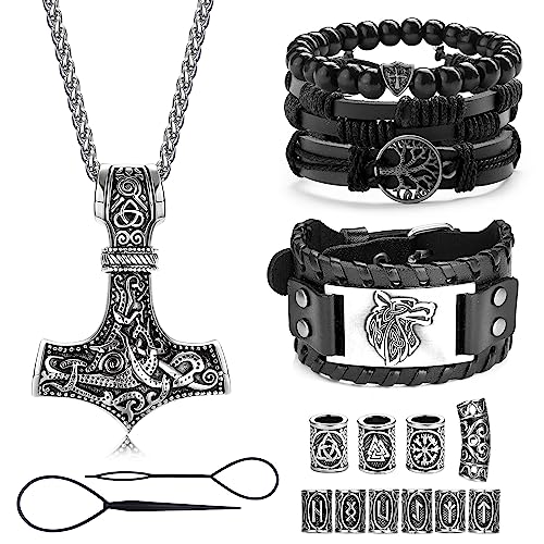 Adramata Wikinger Halskette für Herren Armband Set Thors Hammer Halskette Kette Wikinger Armbänder Wikinger Bartperlen Haarperlen Lederarmband Herren Perlenarmband Wikinger Geschenke Wikinger Schmuck von Adramata