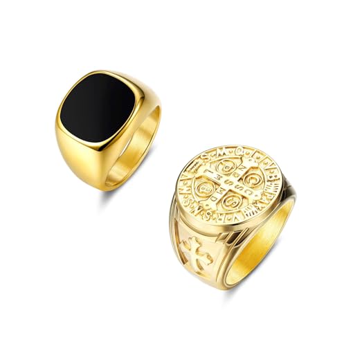 Adramata Wide Siegelring Edelstahl Ringe Herren Männer Bevorzugte Mode Emaille Religiöses Kreuz Krone Geschnitzter Ring Goldfarbener Vintage Hip Hop Rock Viking Ringe Verlobungsfreundschaftsring von Adramata