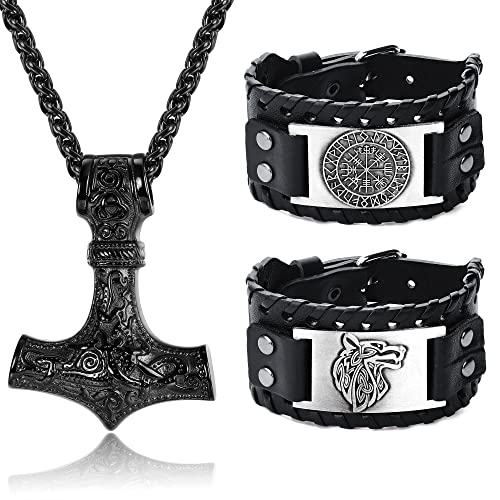 Adramata Wikinger Halskette Wikinger Armbänder für Herren Amulett Schmuck Thors Hammer Halskette Nordisches Vegvisir Wikinger Armband Wolf Fenrir Armband Set von Adramata