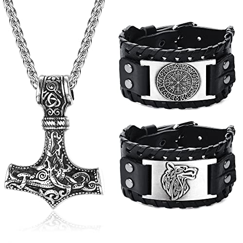 Adramata Wikinger Halskette Wikinger Armbänder für Herren Amulett Schmuck Thors Hammer Halskette Nordisches Vegvisir Wikinger Armband Wolf Fenrir Armband Set von Adramata