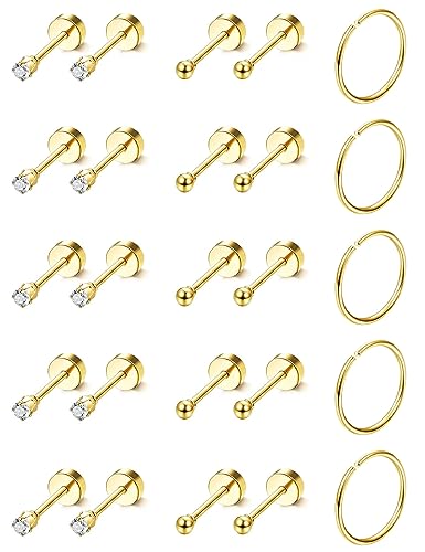 Adramata Winzige Ohrringe Sets für Männer und Frauen, Edelstahl Klein Sleeper Knorpel Ohrring Hypoallergen Kleine Creolen 14K Vergoldet Ohrstecker CZ Knorpel Helix Ohrringe Piercing Ohr, 20G,BG von Adramata