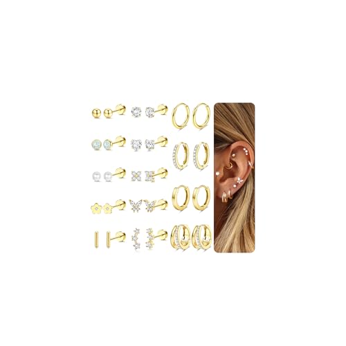 Adramata 14 Paar Ohrringe Damen Gold Silber Ohrstecker Chirurgenstahl Ohrringe Set Medizinische Ohrstecker Creolen Klein Damenohrringe Knorpel Helix Piercings Tragus Piercing Ohr Gold Silber von Adramata