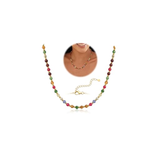 Adramata Perlenkette für Damen Mädchen 5MM Naturstein Ketten 3MM Edelstahlperlen Vergoldet Verstellbar Handgefertigte Kristallkette Sommer Strand Boho Halskette Damen mit Geschenkbox von Adramata