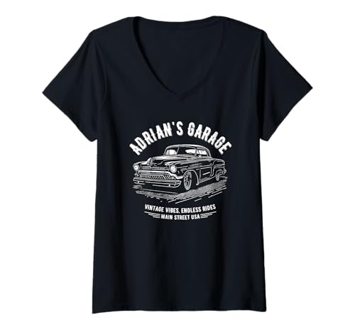 Damen Adrian's Garage Classic Car Personalisiertes Adrian Design T-Shirt mit V-Ausschnitt Damen Adrian's Garage Classic Car Personalisiertes Adrian Design T-Shirt mit V-Ausschnitt von Adrian's Hotrod Garage Designs for the Name Adrian