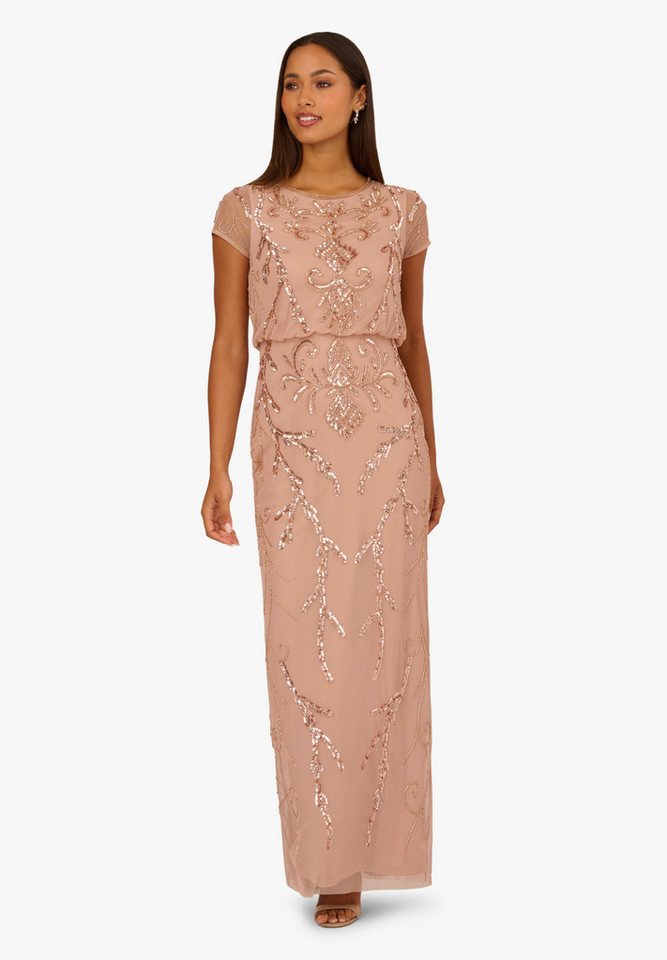 Adrianna Papell Abendkleid Bead Blouson Long Dress Petite, mit Perlen besticktes Kleid mit Mesh-Überzug von Adrianna Papell