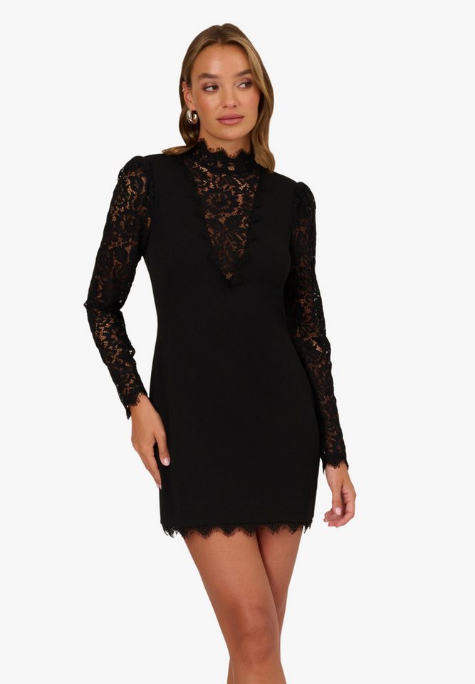 Adrianna Papell Abendkleid Lace and Crepe Short Dress Hoher Kragen, Spitze und lange Ärmel von Adrianna Papell
