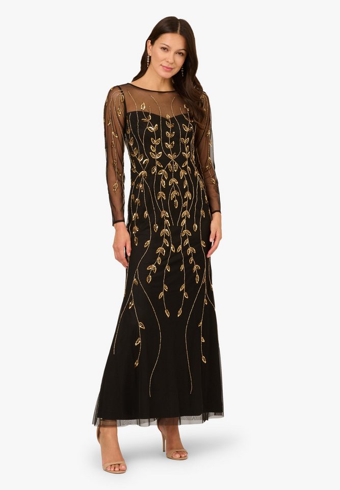 Adrianna Papell Abendkleid Long Sleeve Beaded Dress Verziertes Kleid mit transparentem Mesh-Überzug und Perlenstickereien von Adrianna Papell