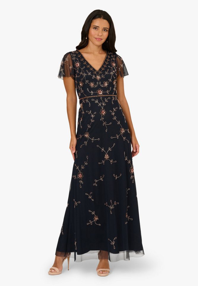 Adrianna Papell Abendkleid Short Sleeve Floral Beaded Mermaid Gown Elegant, vollständig mit Perlen bestickt und klassisch von Adrianna Papell