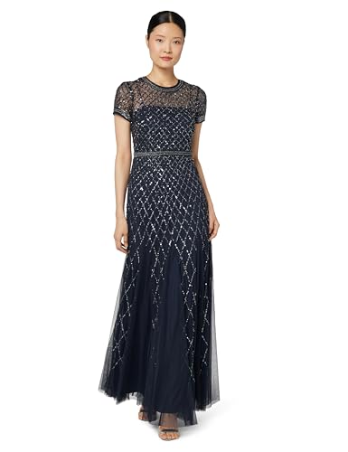 Adrianna Papell Abendkleid für Damen mit kurzen Ärmeln und gitterförmiger Perlenstickerei, Marineblau, 48 von Adrianna Papell