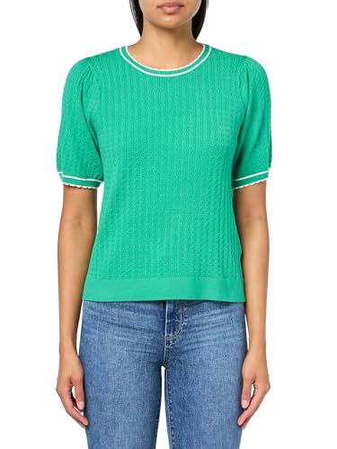 Adrianna Papell Damen Crew Neck Cable Scalloped Edge Tipped Short Sleeve Sweater Pullover, Simply Green/Ivory, Mittel von Adrianna Papell