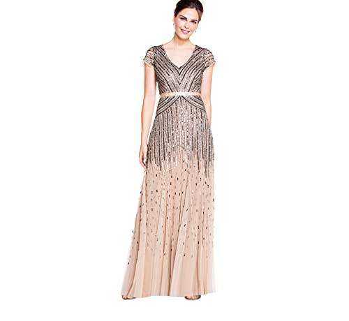 Adrianna Papell Damen Kleid Long Beads V-Neck mit Flügelärmeln und Bund - Beige - 38 von Adrianna Papell