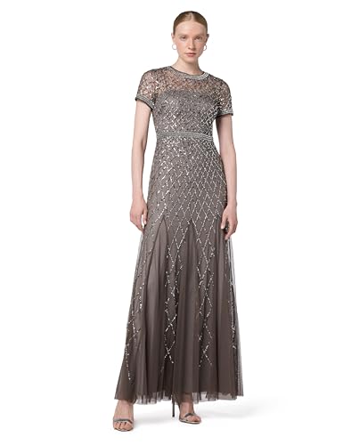 Adrianna Papell Damen Kurzarmkleid mit Perlen und Netzstoff - Grau - 38 von Adrianna Papell