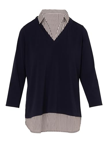 Adrianna Papell Damen Print 3/4 Ärmel Offener V-Ausschnitt Knit Twofer, Marineblau mit Marineblau/elfenbeinfarbenen kleinen Streifen, Groß von Adrianna Papell