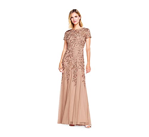 Adrianna Papell Damen Kurzärmeliges Godet-Kleid mit Blumenmuster und Perlen Formales Abendkleid, Rose Gold, 40 von Adrianna Papell