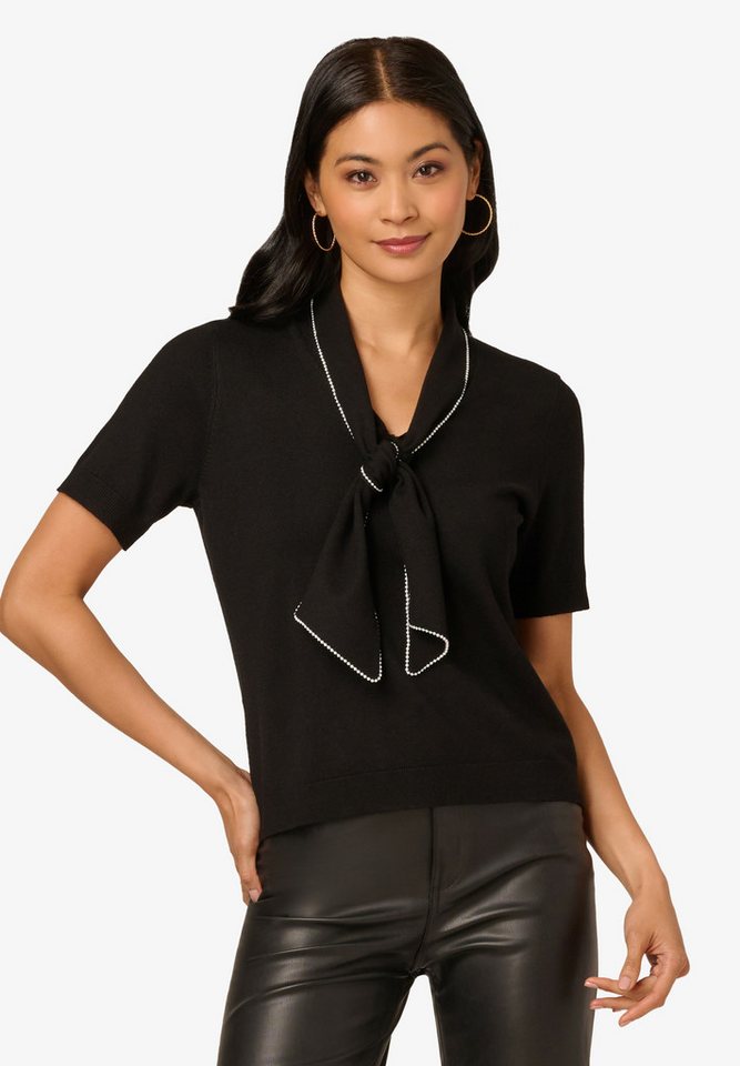 Adrianna Papell Kurzarmbluse Bow Tie Neck Pearl Trim Edge Short Sleeve Sweater Modern, frech, stilvoll von Adrianna Papell