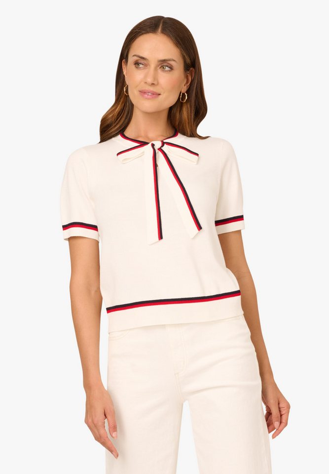 Adrianna Papell Strickpullover Tie Neck Double Tipped Short Sleeve Sweater Weicher Strickpullover mit kontrastierenden Streifen am Kragen von Adrianna Papell