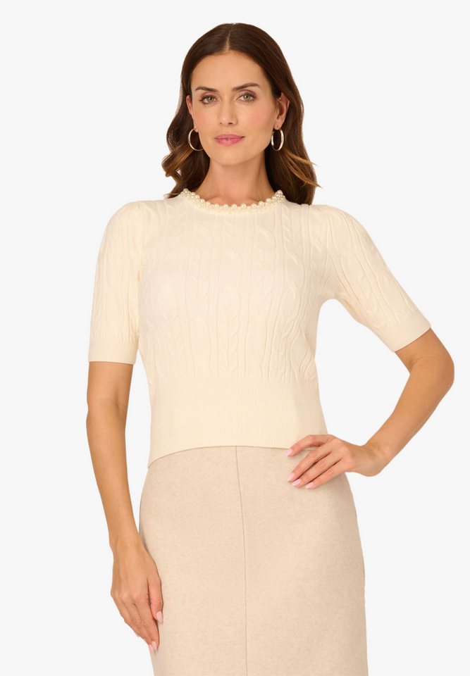 Adrianna Papell Stricktop Crew Neck Cabled Pearl Embellished Pullover Sweater Delightfully soft short sleeve sweater von Adrianna Papell
