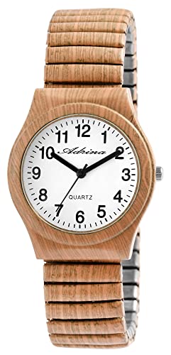 Adrina Damen-Uhr Edelstahl Zugarmband dunkel beige große Ziffern Länge 18 cm Durchmesser 34 mm Breite 18 mm Geschenke für Frauen von Adrina
