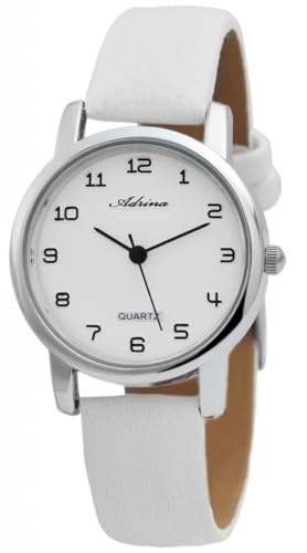 Adrina Damenuhr Weiß Silber Analog Metall Kunst-Leder Quarz Armbanduhr von Adrina